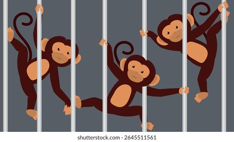 Monkey in a cage. Vector illustration in flat design style.