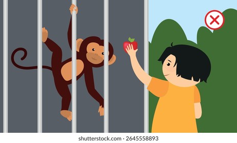 Monkey in the cage. Vector illustration in flat cartoon style.