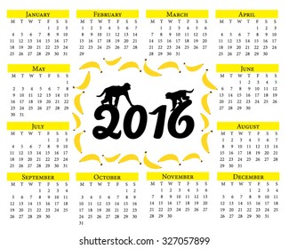 Monkey calendar. Calendar for 2016 with a symbol of the Chinese horoscope with bananas. Yellow color.