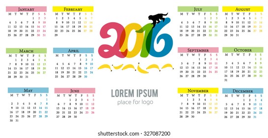 Monkey calendar. Calendar for 2016 with a symbol of the Chinese horoscope with bananas and monkey.  Color.
