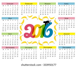 Monkey calendar. Calendar for 2016 with a symbol of the Chinese horoscope with bananas and monkey. Color.