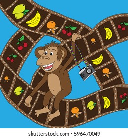 Monkey and the camera. Film strip and negatives. Fruit in the frame. Freehand sketch. Bright illustration on a blue background.