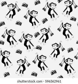 Monkey with camera.Seamless pattern, black and white, hand-drawn