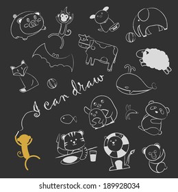 Monkey can draw animals.  A monkey drawing animals, such as cow, penguin, koala, pig, bat, dog, elephant, lion, fish, whale, tiger, panda, fox etc. on the blackboard.