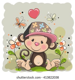 Monkey in a cap with flowers and butterflies