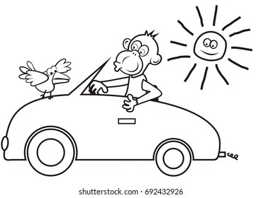 Monkey at car, animal, funny illustration, vector icon, coloring book