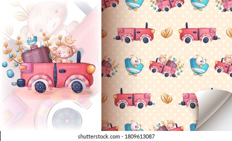 Monkey in the car - seamless pattern. Vector eps 10