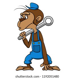 Monkey carry a Big Wrench on shoulder Cartoon Vector