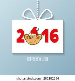 Monkey. Cartoon animals. Symbol of New Year 2016 for your design. Paper Applique on Blue background to Happy New Year. Gift card With space for your message. Vector illustration