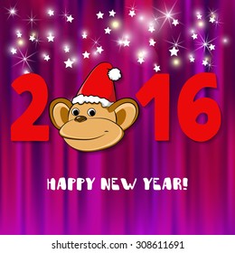 Monkey. Cartoon animals. Symbol of New Year 2016 for your design. Paper Applique on Blue background to Happy New Year. Gift card With space for your message. Vector illustration