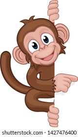 A monkey cartoon character animal behind a sign peeking around and pointing at it