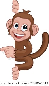 A monkey cartoon character animal behind a sign peeking around and pointing at it