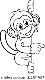 A monkey cartoon character animal behind a sign peeking around and pointing at it