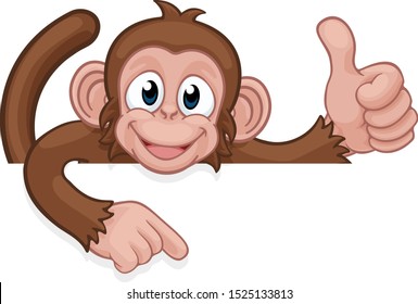 A monkey cartoon character animal peeking over a sign and pointing at it while doing a thumbs up