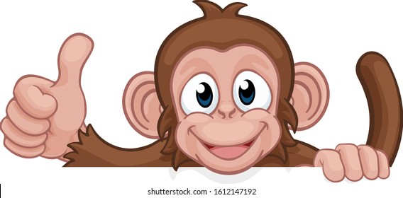 A monkey cartoon character animal peeking over a sign and giving a thumbs up