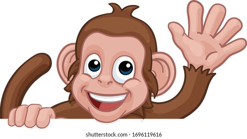 A monkey cartoon character animal peeking over a sign and waving