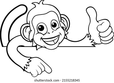 A monkey cartoon character animal peeking over a sign and pointing at it while doing a thumbs up
