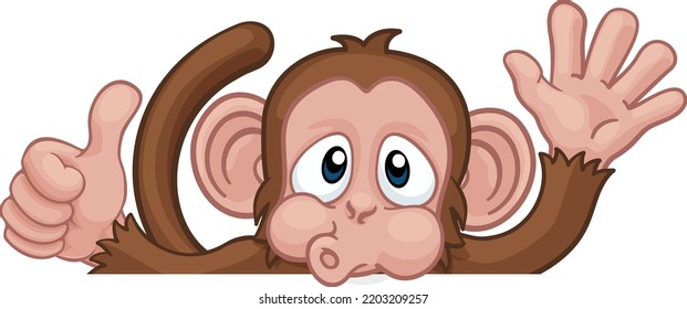 A Monkey Cartoon Character Animal Peeking Over A Sign Waving And Giving A Thumbs Up