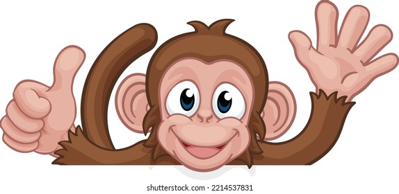 A Monkey Cartoon Character Animal Peeking Over A Sign Waving And Giving A Thumbs Up