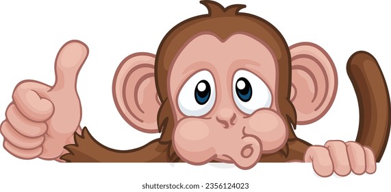 A monkey cartoon character animal peeking over a sign and giving a thumbs up