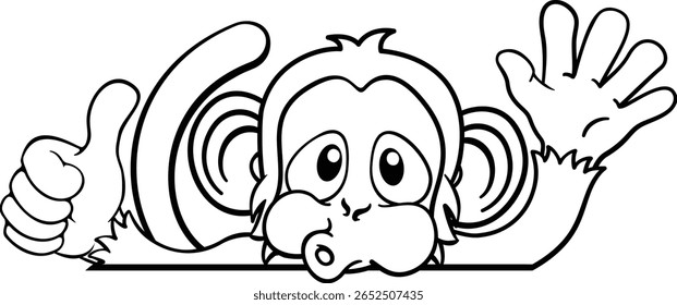 A monkey cartoon character animal peeking over a sign waving and giving a thumbs up