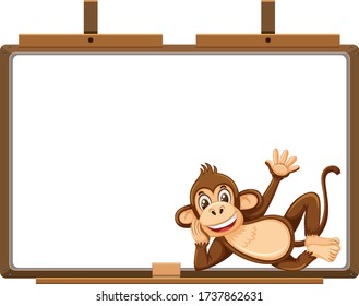Monkey cartoon character and blank banner on white background illustration