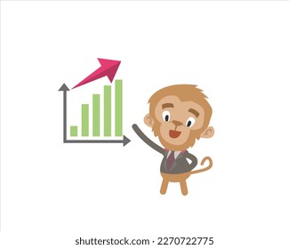 monkey cartoon character of a business man showing business graphs.