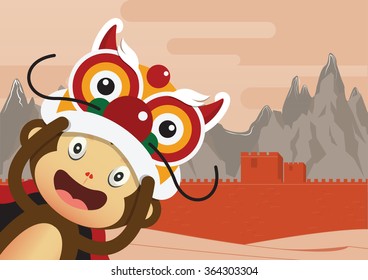 Monkey cartoon character and Great Wall of China Background. 2016 Happy Chinese New Year. Vector Illustration