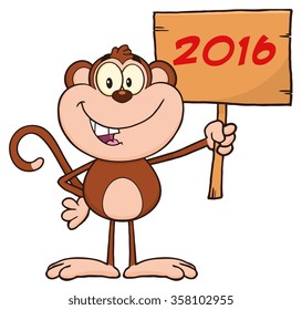 Monkey Cartoon Character Holding Up A Wood Sign With Numbers. Vector Illustration Isolated On White