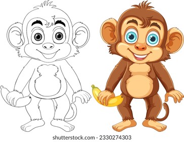 Monkey Cartoon Character Outline for Coloring illustration