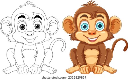 Monkey Cartoon Character Outline for Coloring illustration