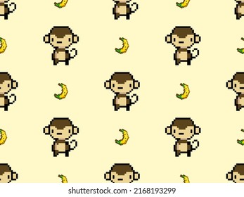 Monkey cartoon character seamless pattern on yellow background. Pixel style