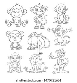 Monkey cartoon character set Cute animals,  vector art lines, separated from the white background freely