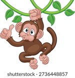 A monkey cartoon character singing on jungle vines and giving a thumbs up