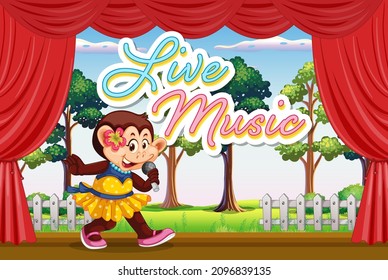 Monkey cartoon character singing on stage illustration