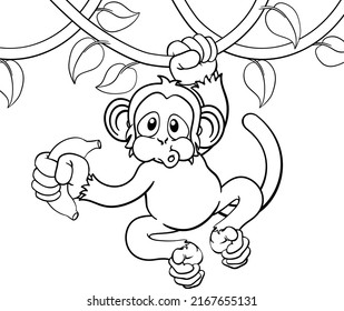 A monkey cartoon character singing on jungle vines with banana 