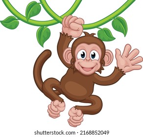 A monkey cartoon character singing on jungle vines and waving