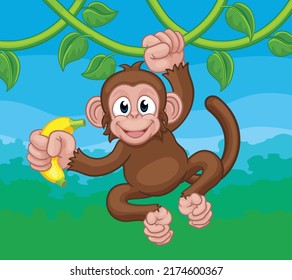 A monkey cartoon character singing on jungle vines with banana 