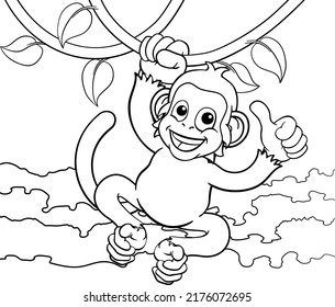 A monkey cartoon character singing on jungle vines and giving a thumbs up