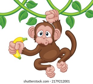 A monkey cartoon character singing on jungle vines with banana 