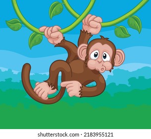 A monkey cartoon character singing on jungle vines and pointing