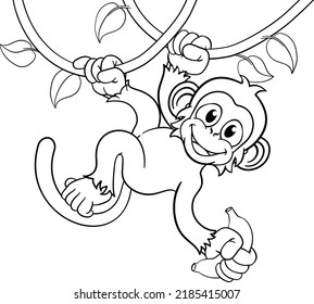 A monkey cartoon character singing on jungle vines with banana 