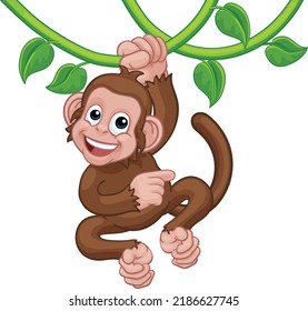 Un personaje de caricatura de un mono cantando en viñas de la selva y señalando