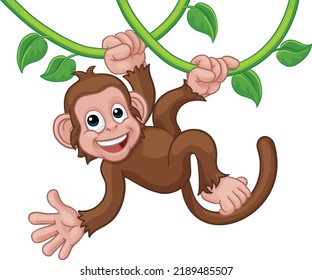 A monkey cartoon character singing on jungle vines and waving