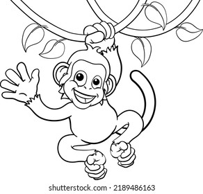 A monkey cartoon character singing on jungle vines and waving