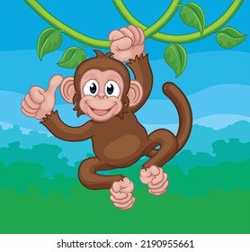 A monkey cartoon character singing on jungle vines and giving a thumbs up