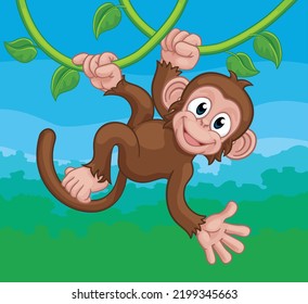 A monkey cartoon character singing on jungle vines and waving