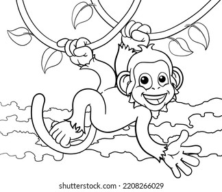 A Monkey Cartoon Character Singing On Jungle Vines And Waving