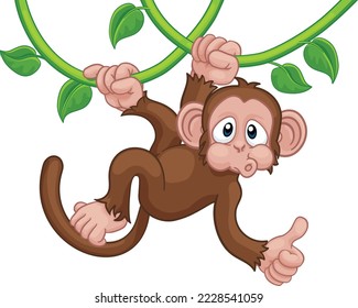 A monkey cartoon character singing on jungle vines and giving a thumbs up