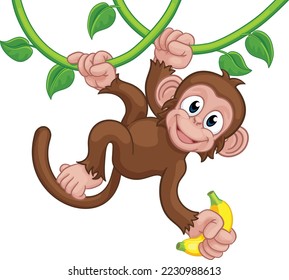 A monkey cartoon character singing on jungle vines with banana 